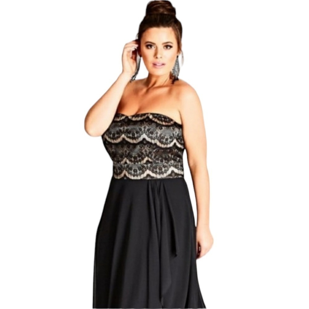 - City Chic Maxi Eyelash Ebony Lace Bodice Formal Evening Gown Dress - Picture 3 of 14